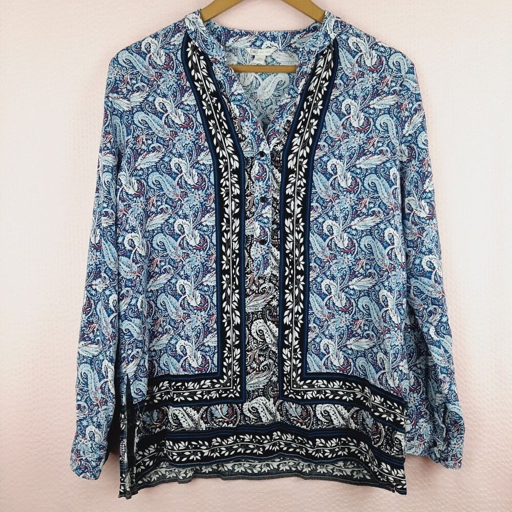 Cato Women 100% Rayon Boho Blouse Blue Lightweight Popover Size M